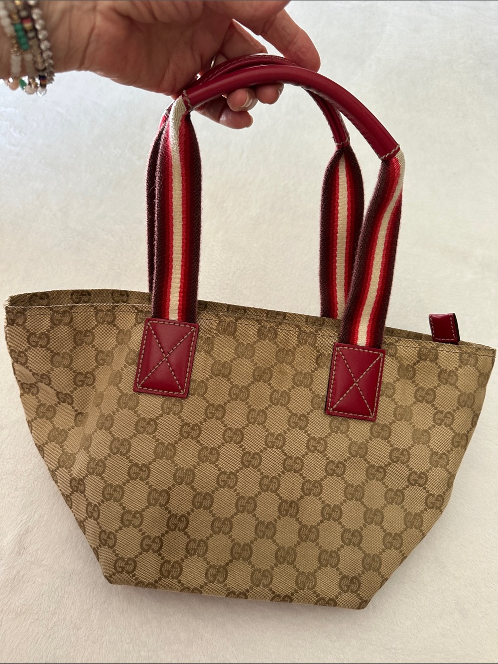 Gucci Beige Monogram Canvas Tote with Red Trim and Striped Handles